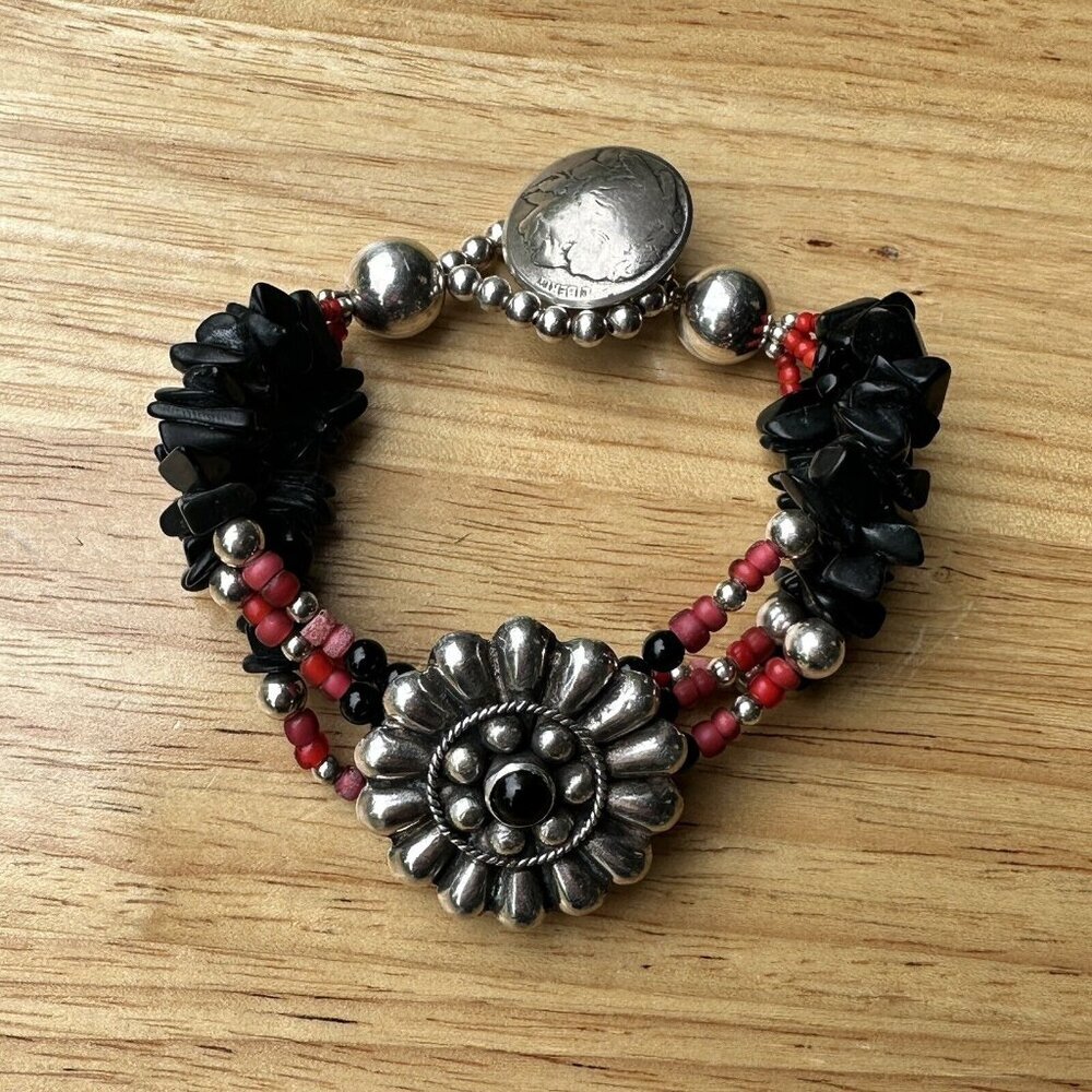 VTG‎ Flower Sterling Silver Bracelet Buffalo Nickel Clasp Black Onyx Red Beads